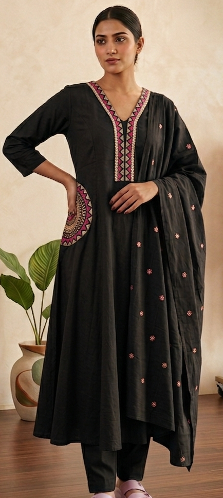 Black colour pure cotton fabric A line 3 piece suit (Z0826)