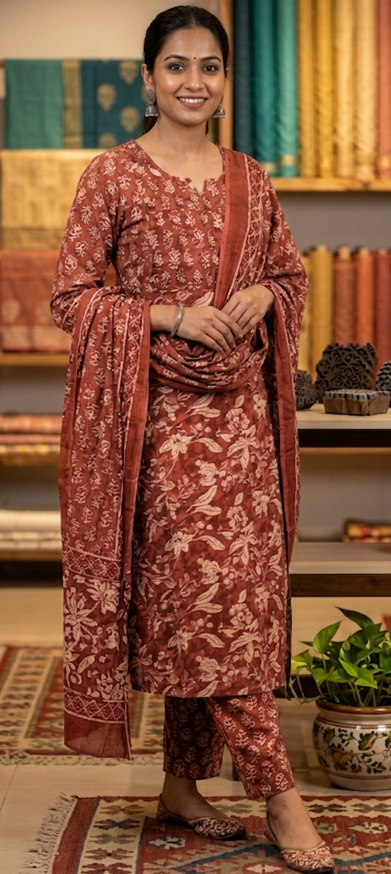 Rust colour pure cotton fabric 3 piece suit (Z0829)