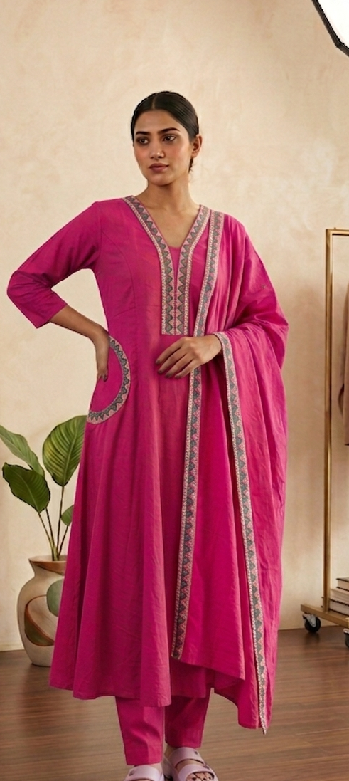 Pink colour pure cotton fabric A line 3 piece suit (Z0824)