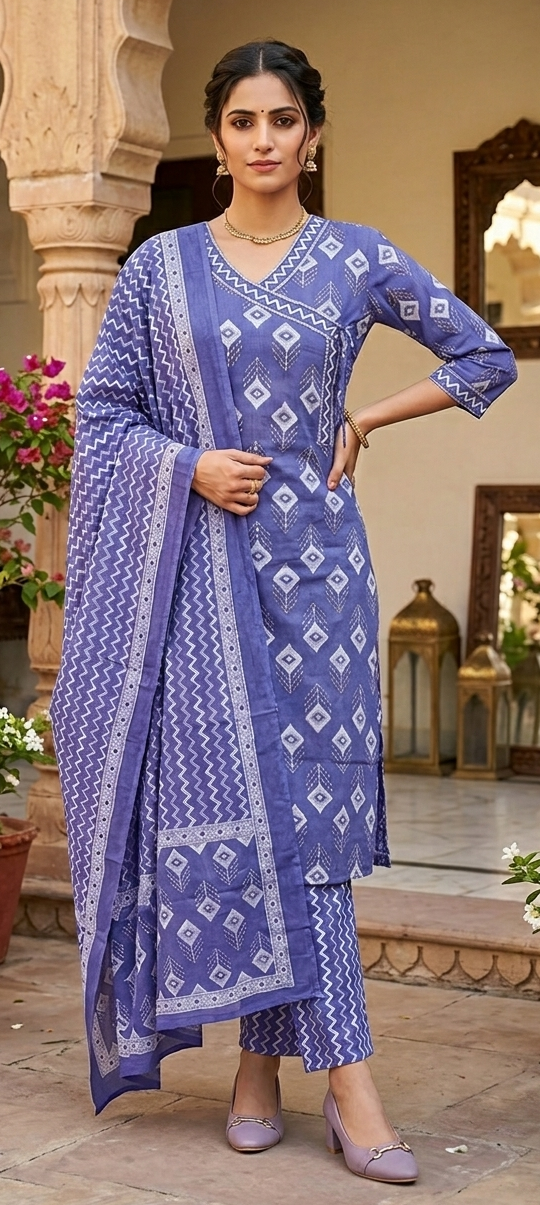 Levender blue colour cotton fabric Angrakha style 3 piece suit (Z0830)