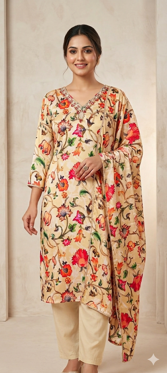 Cream colour chiffon fabric 3 piece suit (Z0832)
