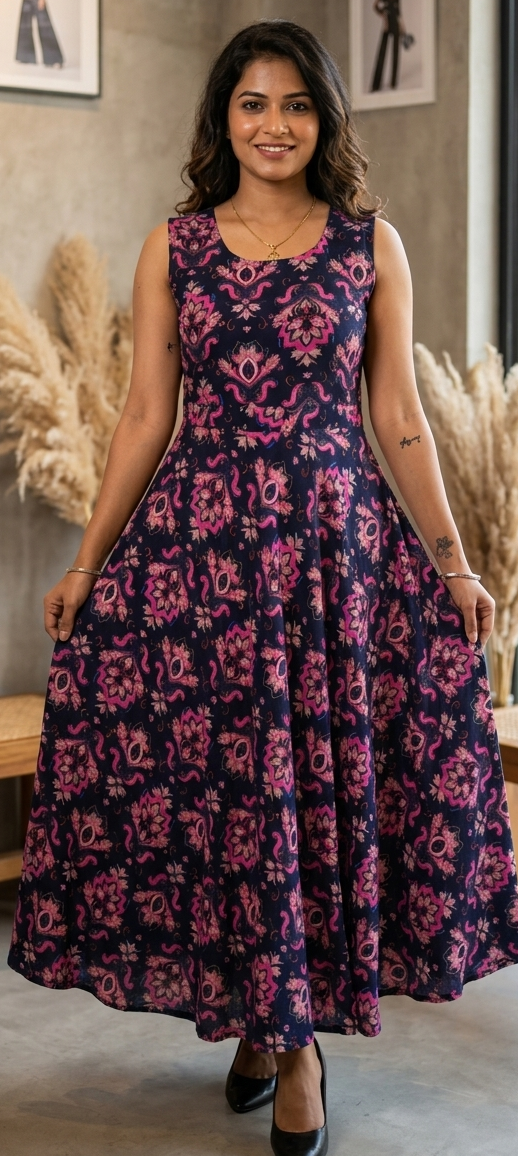 Dark blue colour reyon cotton fabric gown (Z0840)