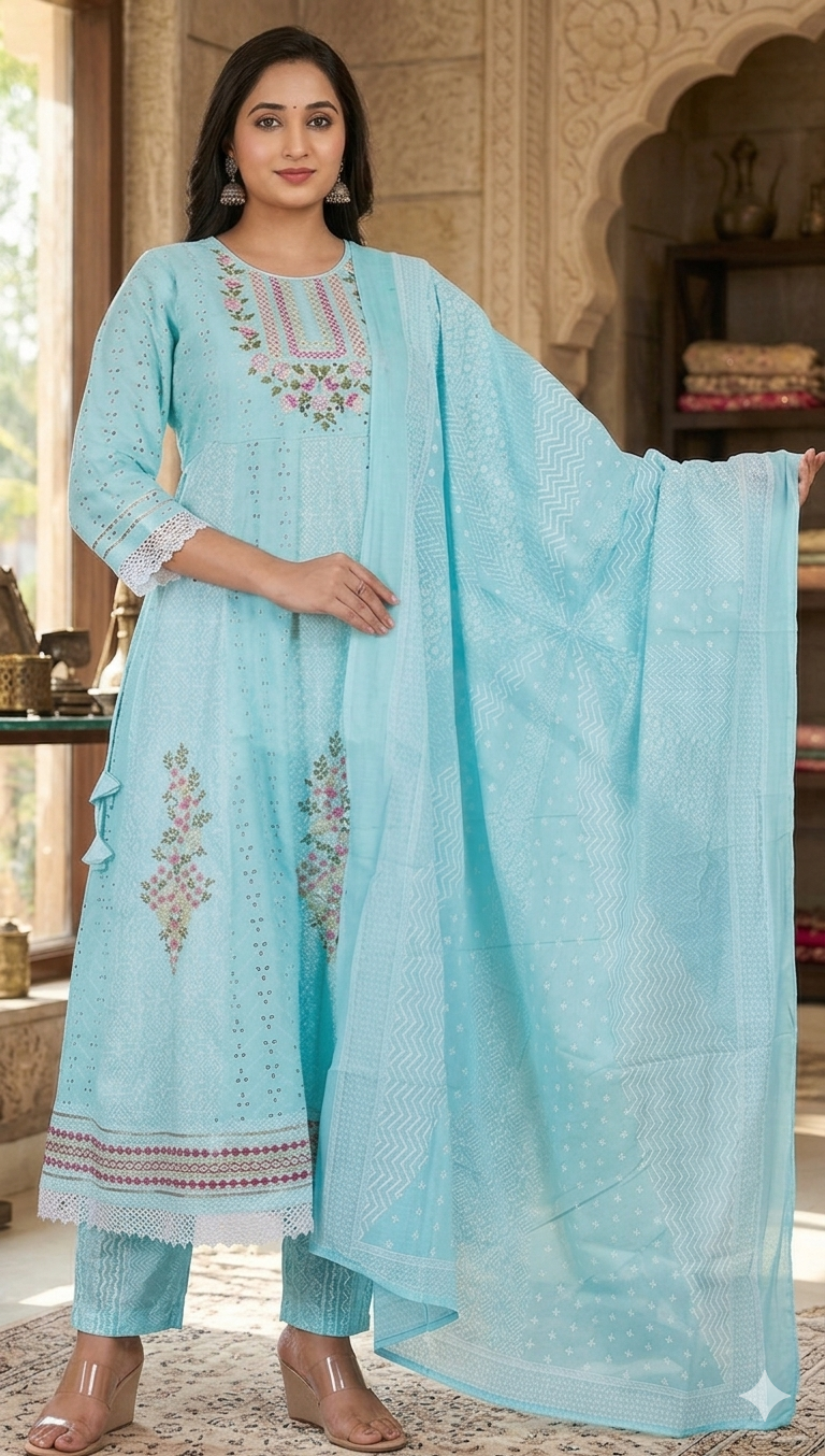 Firozi colour shefali cotton fabric anarkali 3piece suit (Z0845)