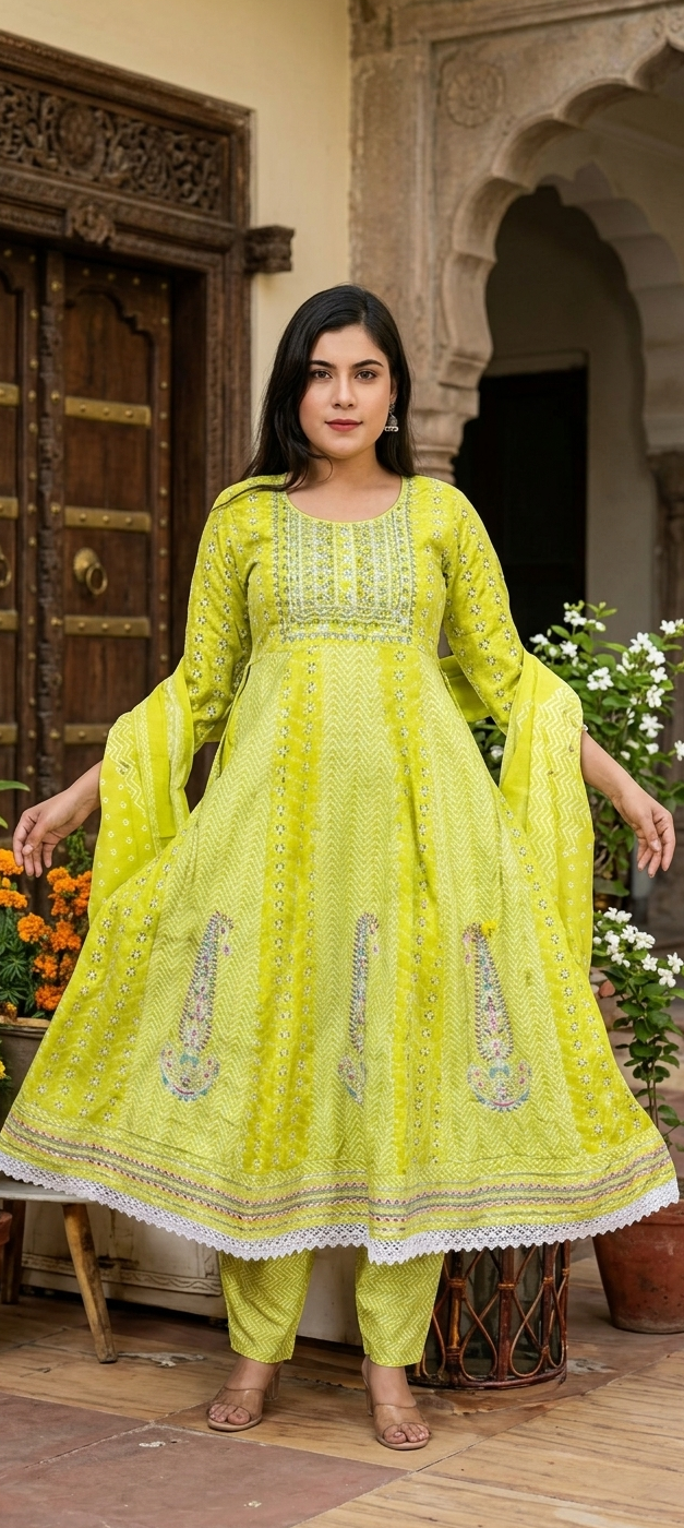 Parrot colour shefali cotton fabric anarkali 3piece suit (Z0847)