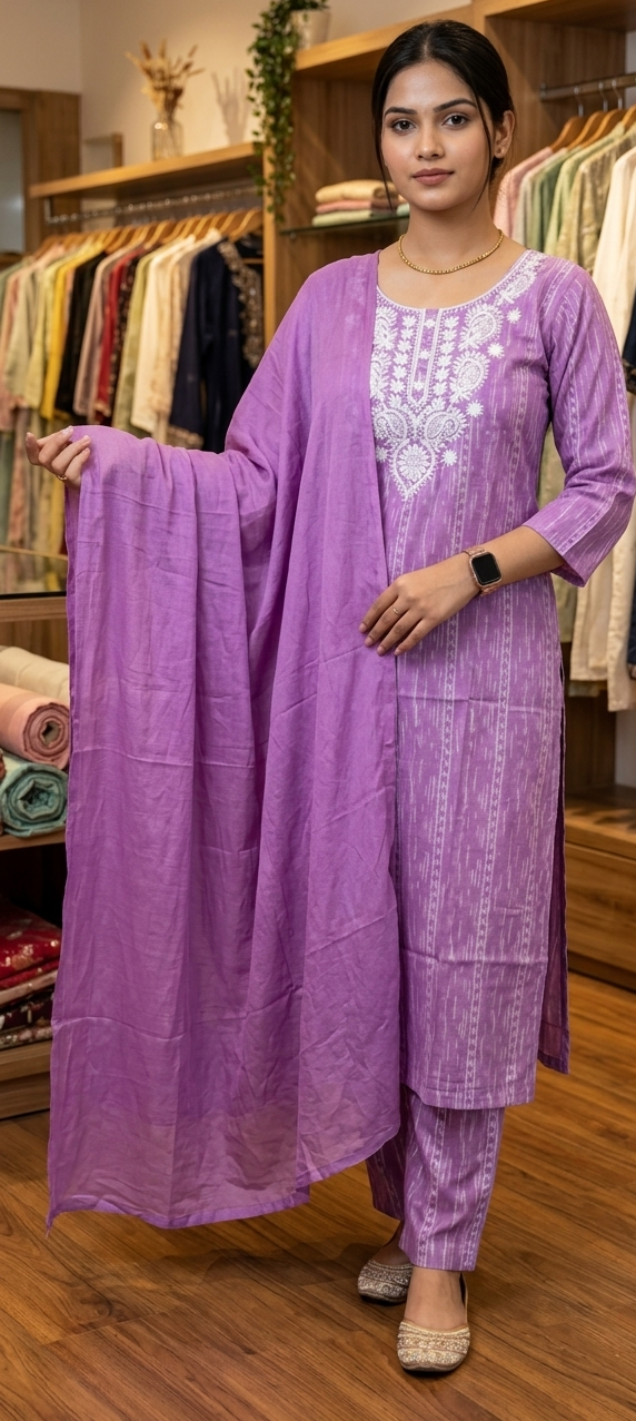 Lavender colour reyon cotton fabric 3 piece suit (Z0856)