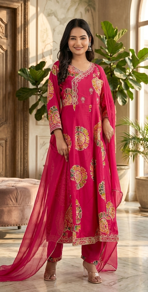 Pink colour reyon cotton fabric angrakha style anarkali (Z0849)