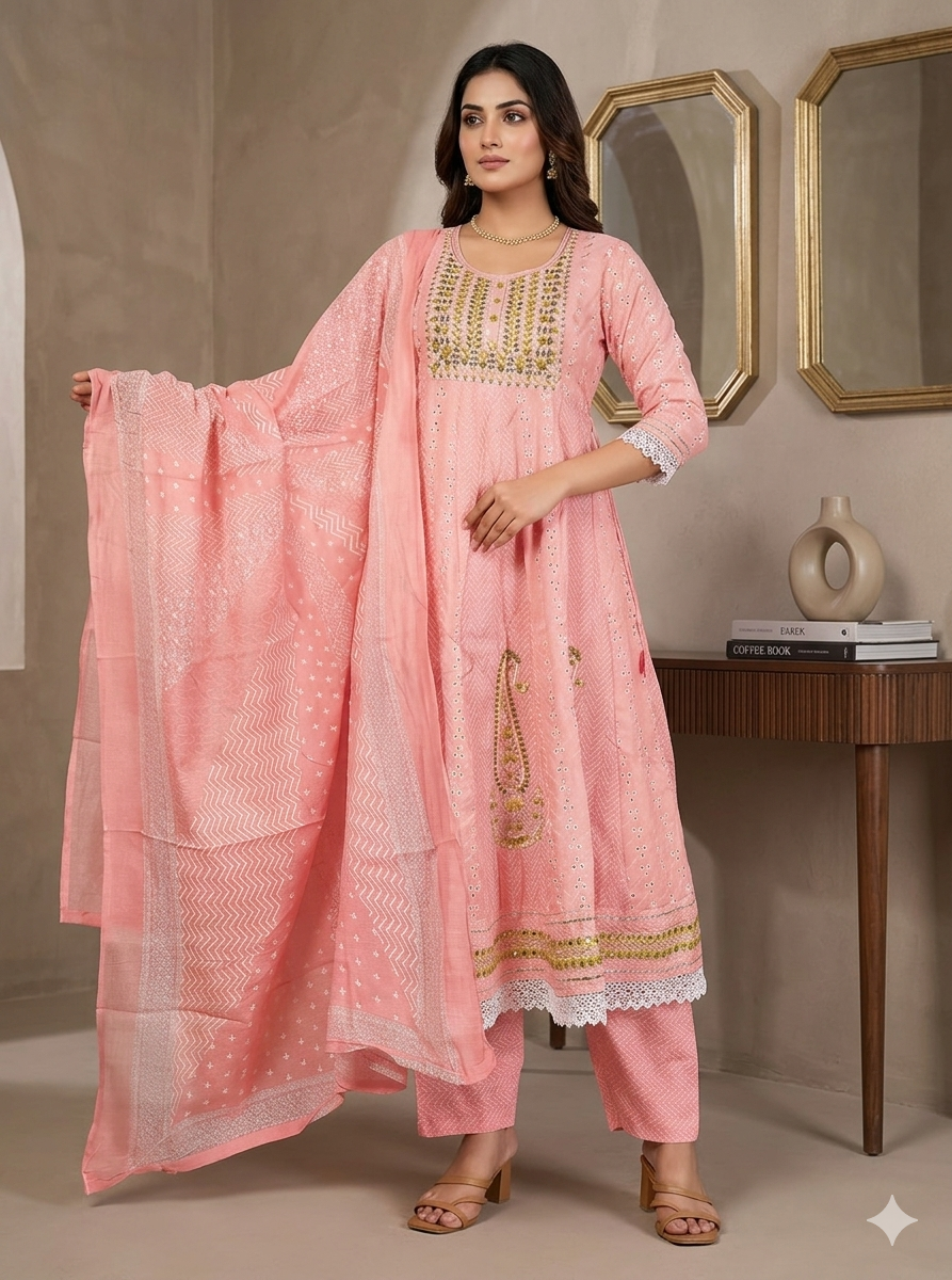 Pink colour shefali cotton fabric anarkali 3piece suit (Z0846)