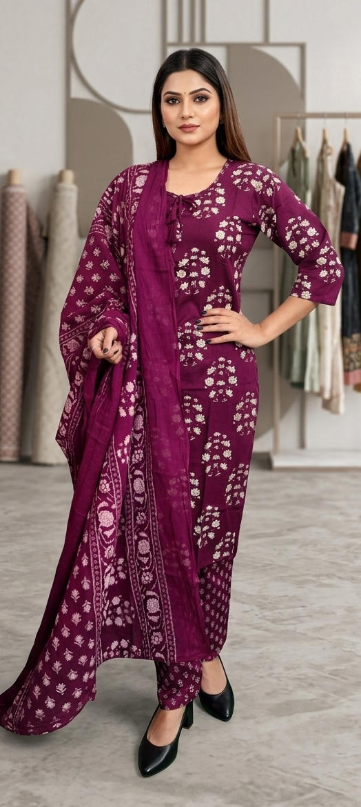 Wine colour cotton fabric 3 piece suit (Z0851)