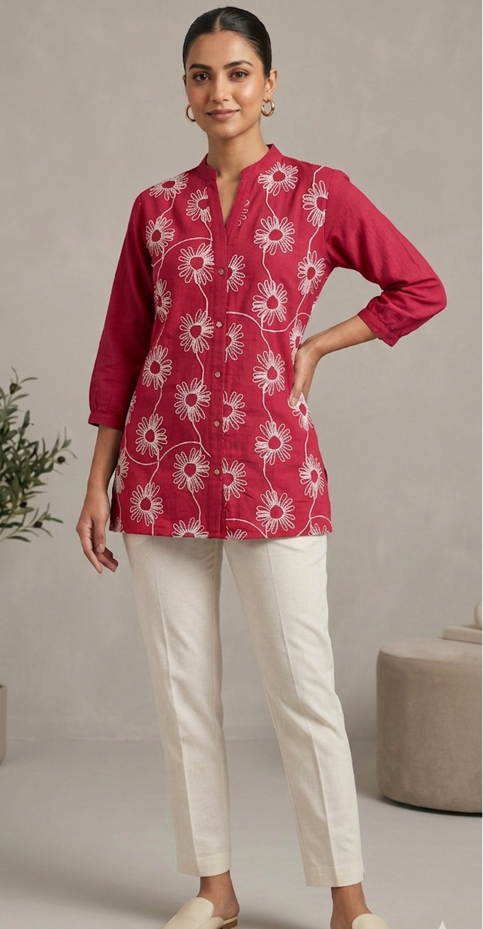 Red colour khadi cotton fabric co-ordset (Z0858)