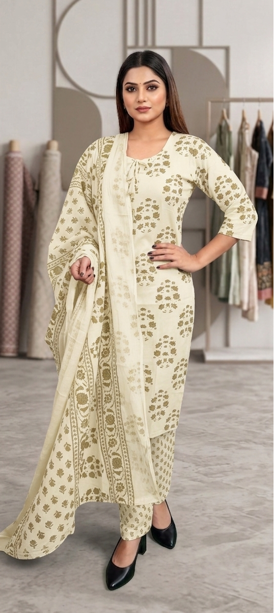 Cream colour cotton fabric 3 piece suit (Z0853)