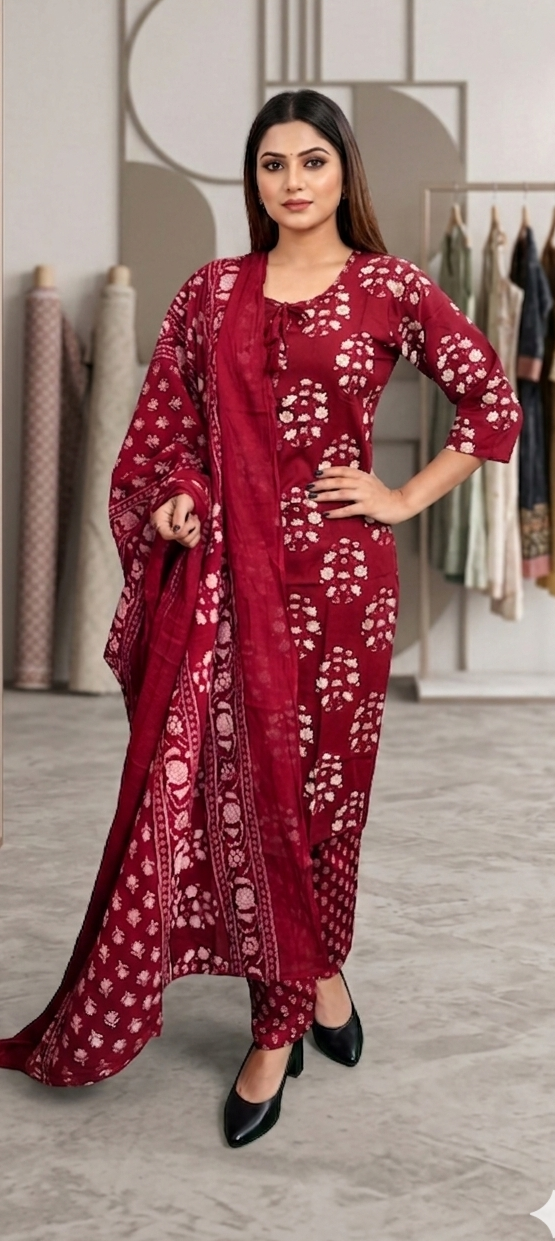 Red colour cotton fabric 3 piece suit (Z0852)