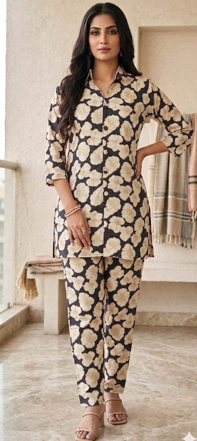 Grey colour flower print co-ordset (Z0868)
