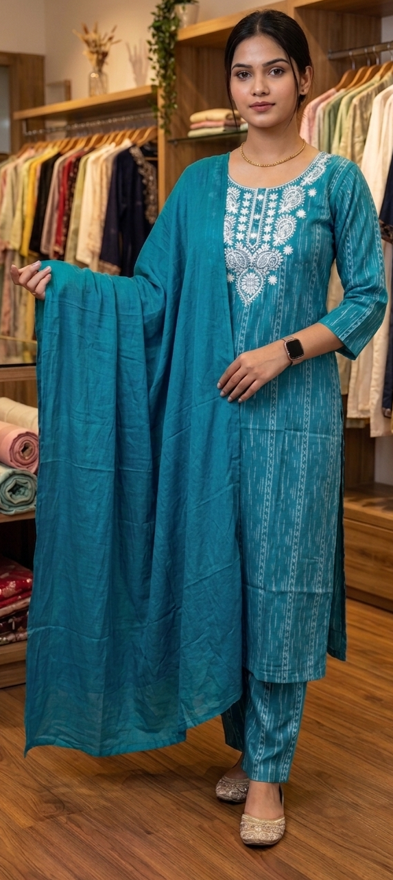 Teal green colour reyon cotton fabric 3 piece suit (Z0857)