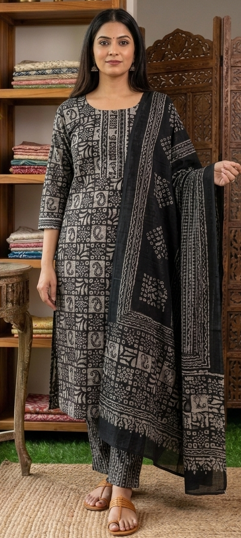 Black colour batik print pure cotton fabric 3 piece suit (Z0862)