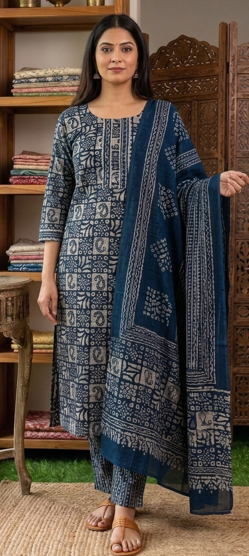 Blue colour batik print pure cotton fabric 3 piece suit (Z0863)