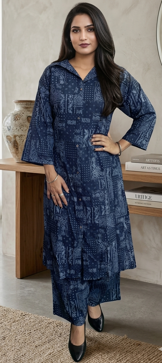 Blue colour reyon cotton fabric co-ordset (Z0866)