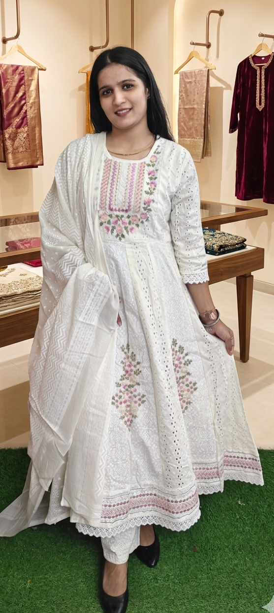 White colour pure cotton fabric shefali anarkali 3 piece suit (Z0871)