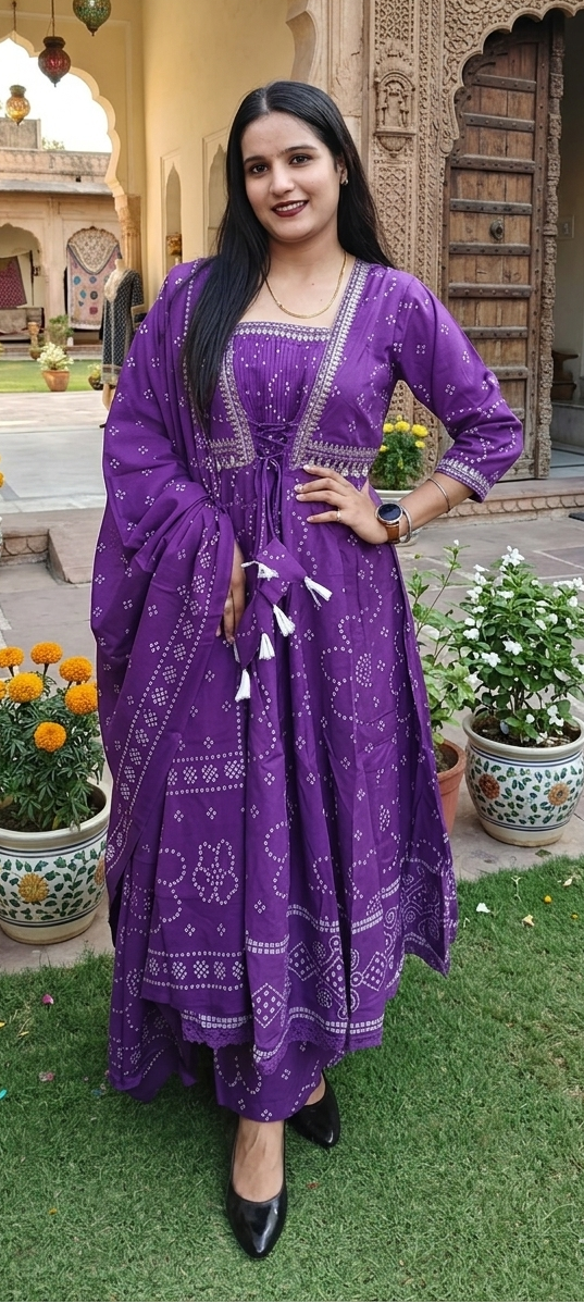 Purple colour pure cottton fabric anarkali 3 piece suit (Z0872)