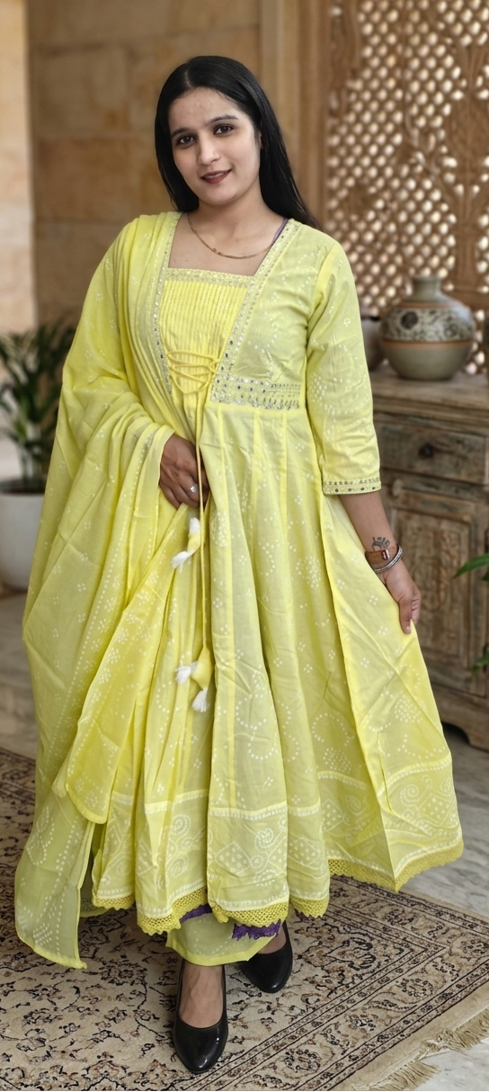 Yellow colour pure cottton fabric anarkali 3 piece suit (Z0873)