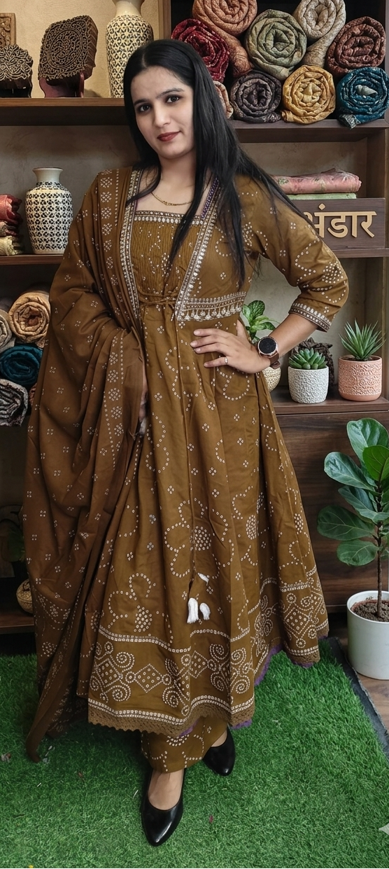Coffee colour pure cottton fabric anarkali 3 piece suit (Z0874)