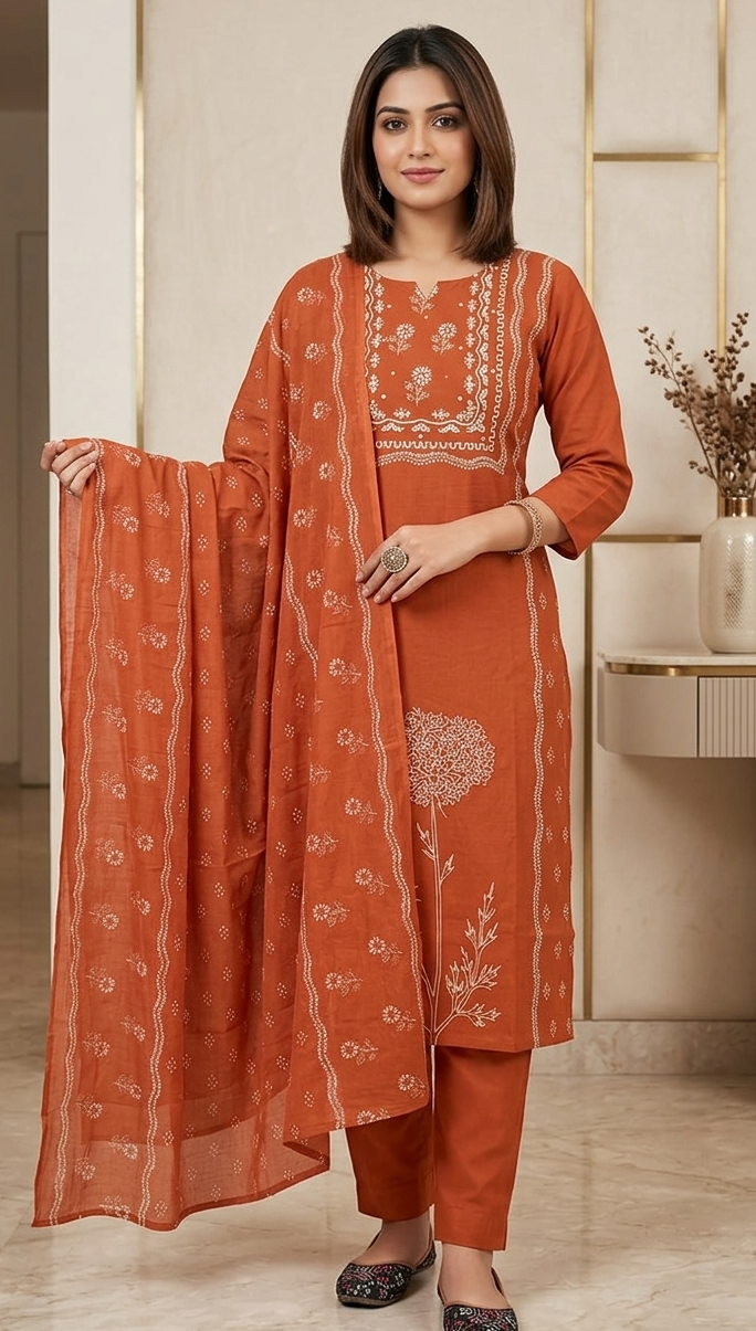 Rust-orange colour pure cottton fabric 3 piece suit (Z0877)