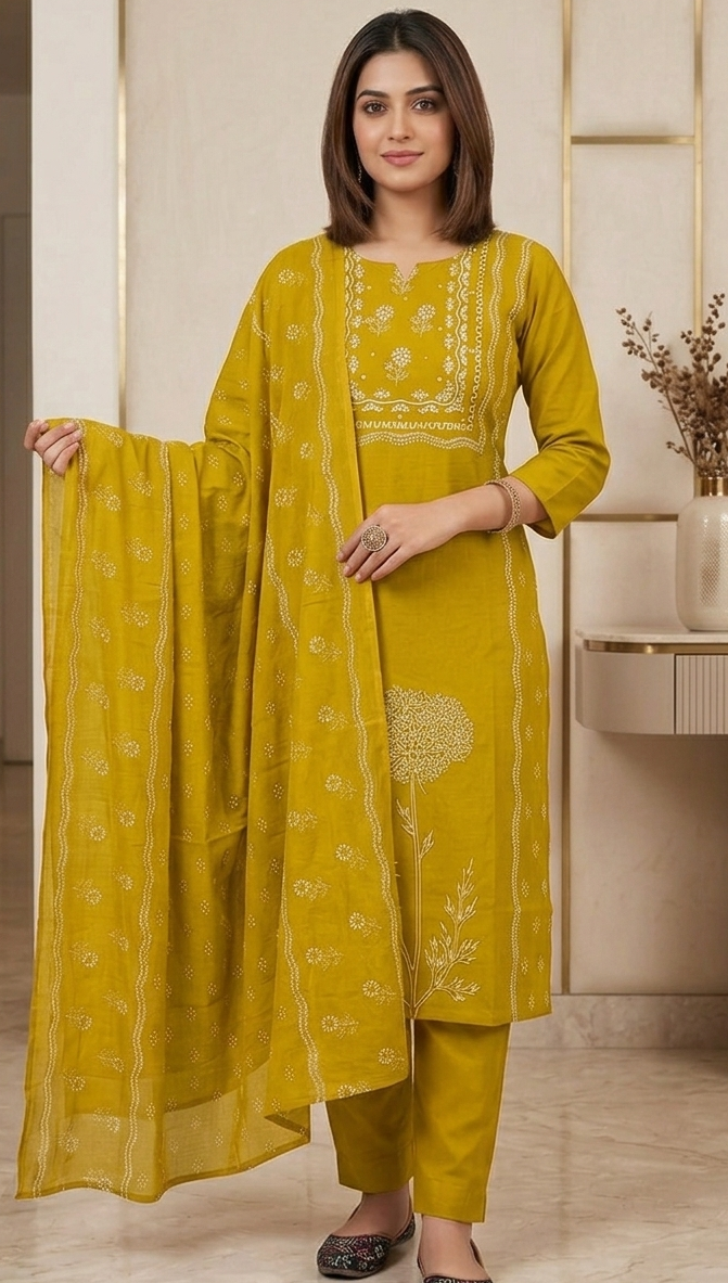 Yellow colour pure cottton fabric 3 piece suit (Z0878)