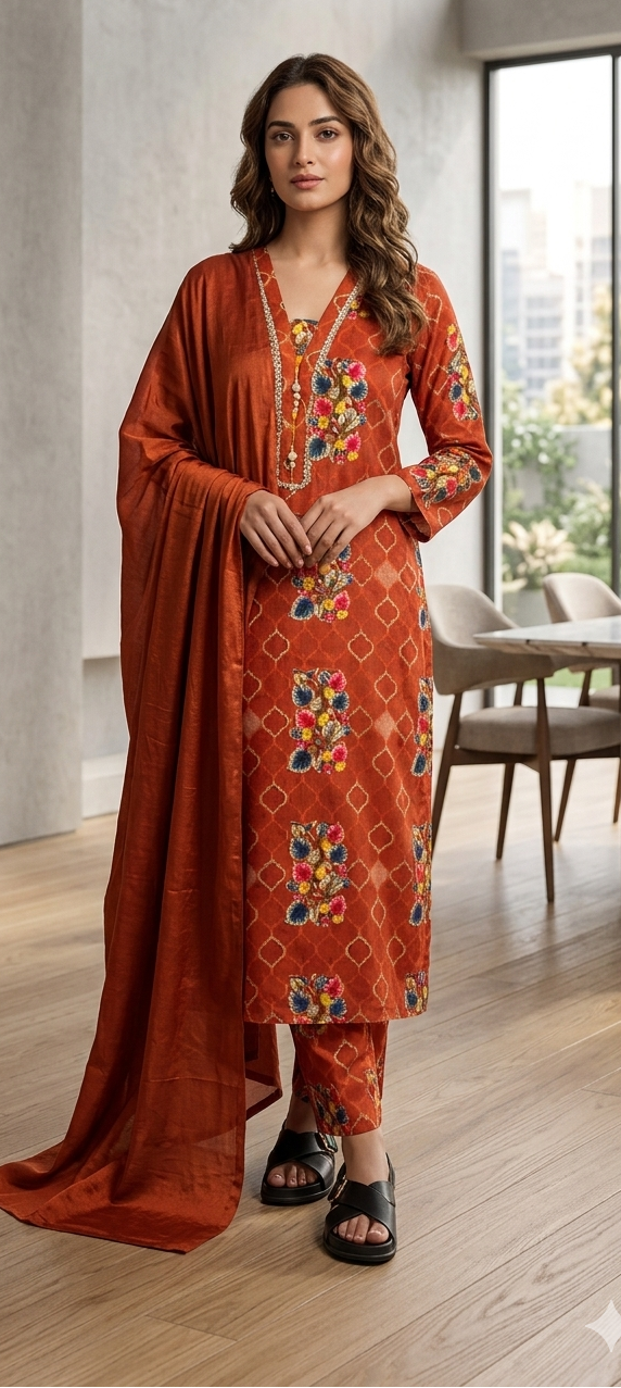 Rust colour reyon cotton fabric 3 piece suit (Z0883)