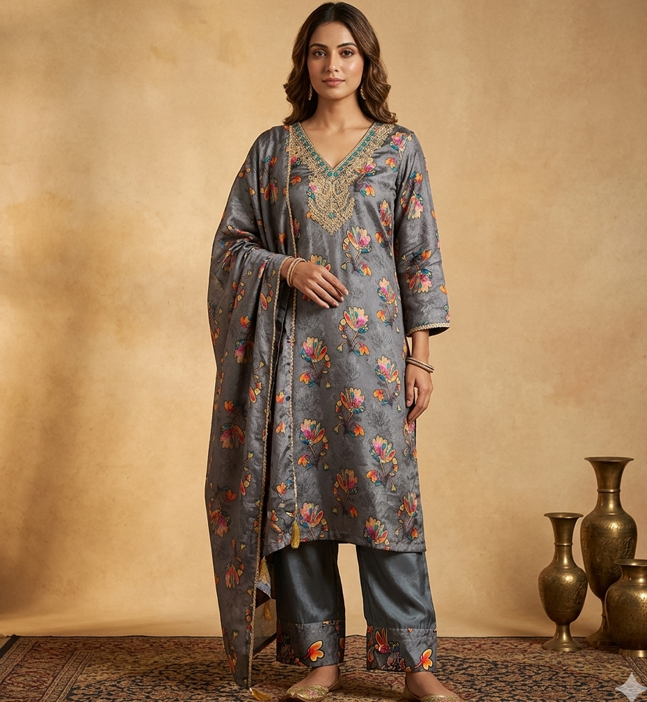 Grey colour chinon fabric with shantoon linning 3pc suit (Z0893)