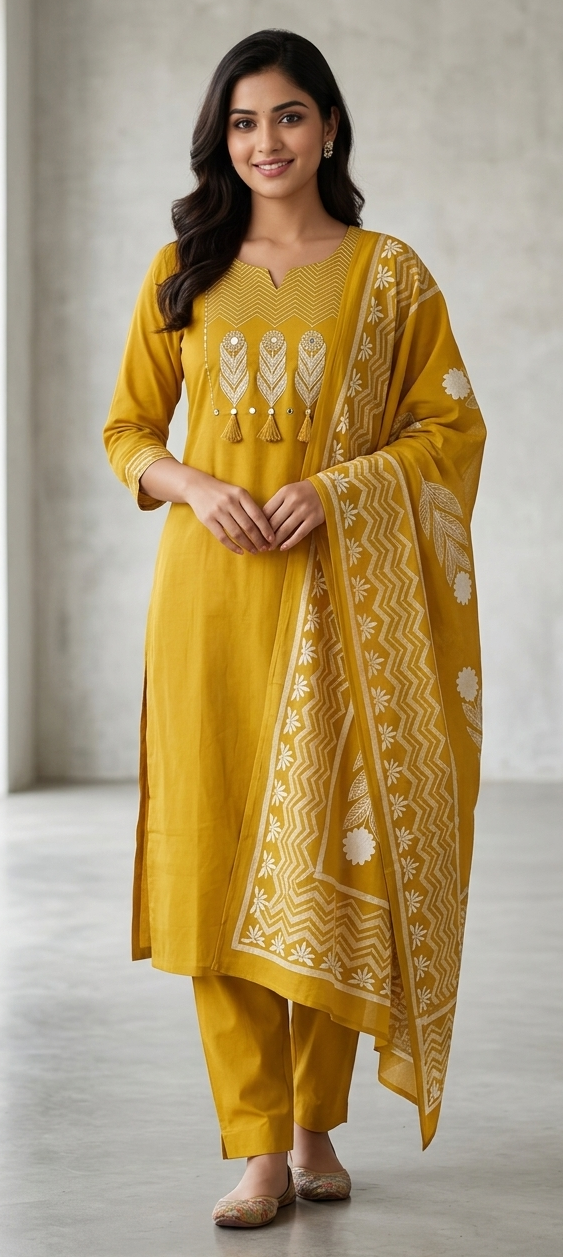 Mustard yellow colour premium cotton fabric 3pc suit (Z0888)