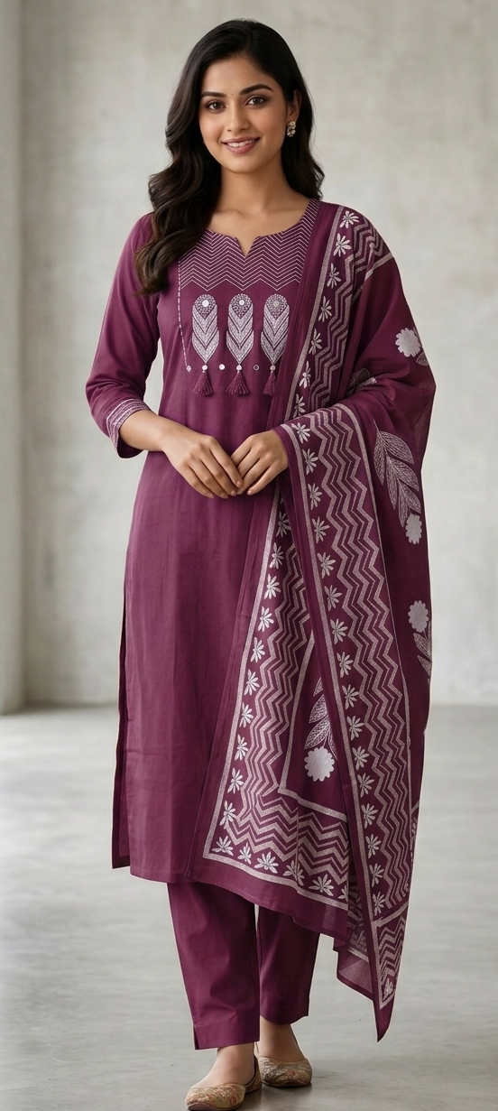 Wine colour premium cotton fabric 3pc suit (Z0890)