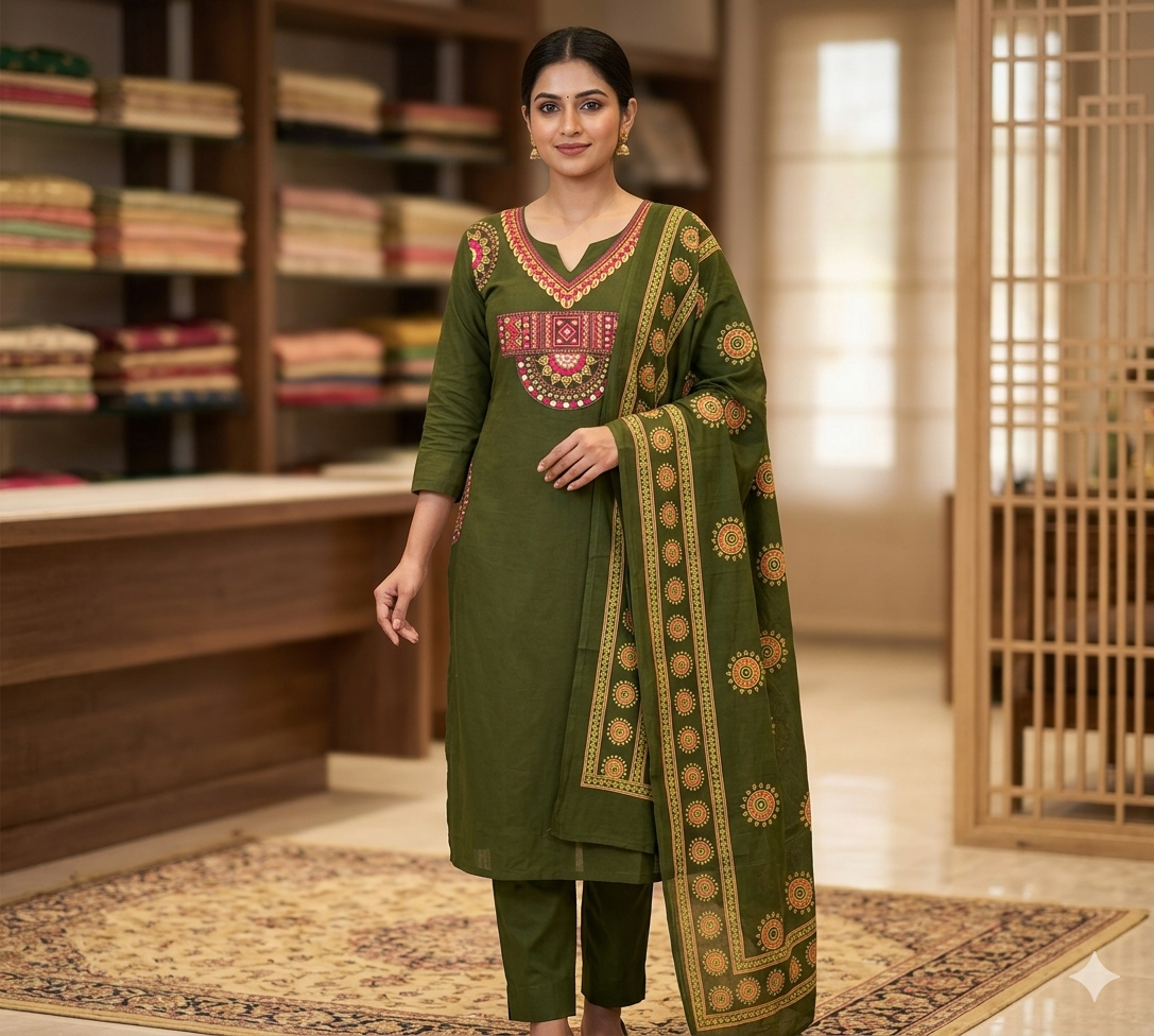 Green colour premium cotton fabric 3pc suit (Z0884)