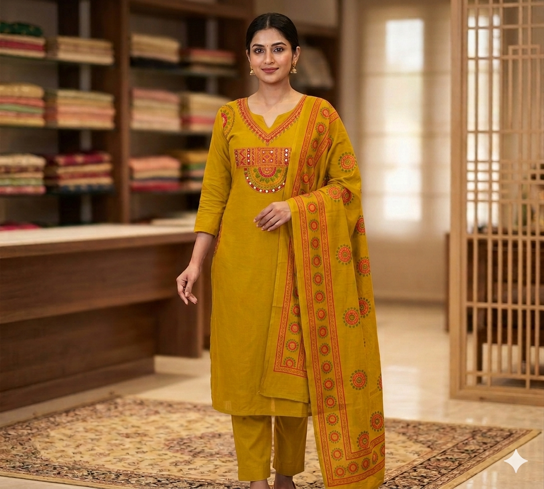 Mustard yellow colour premium cotton fabric 3pc suit (Z0886)