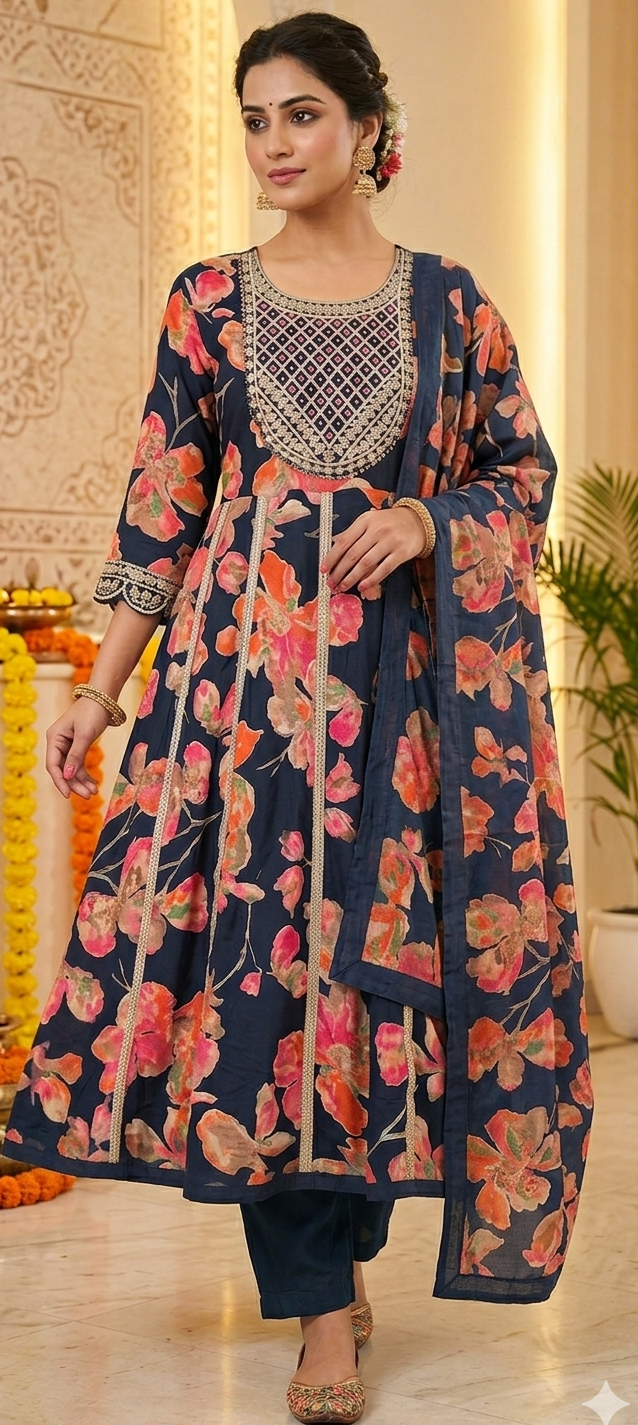 Blue colour reyon cotton fabric anarkali 3pc suit ( Z0896)