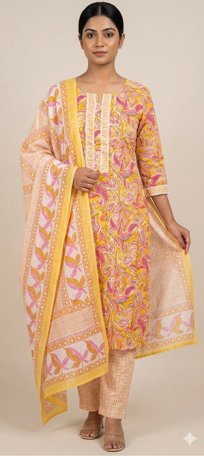 Yellow colour fabric cotton 3pc suit (Z0898)
