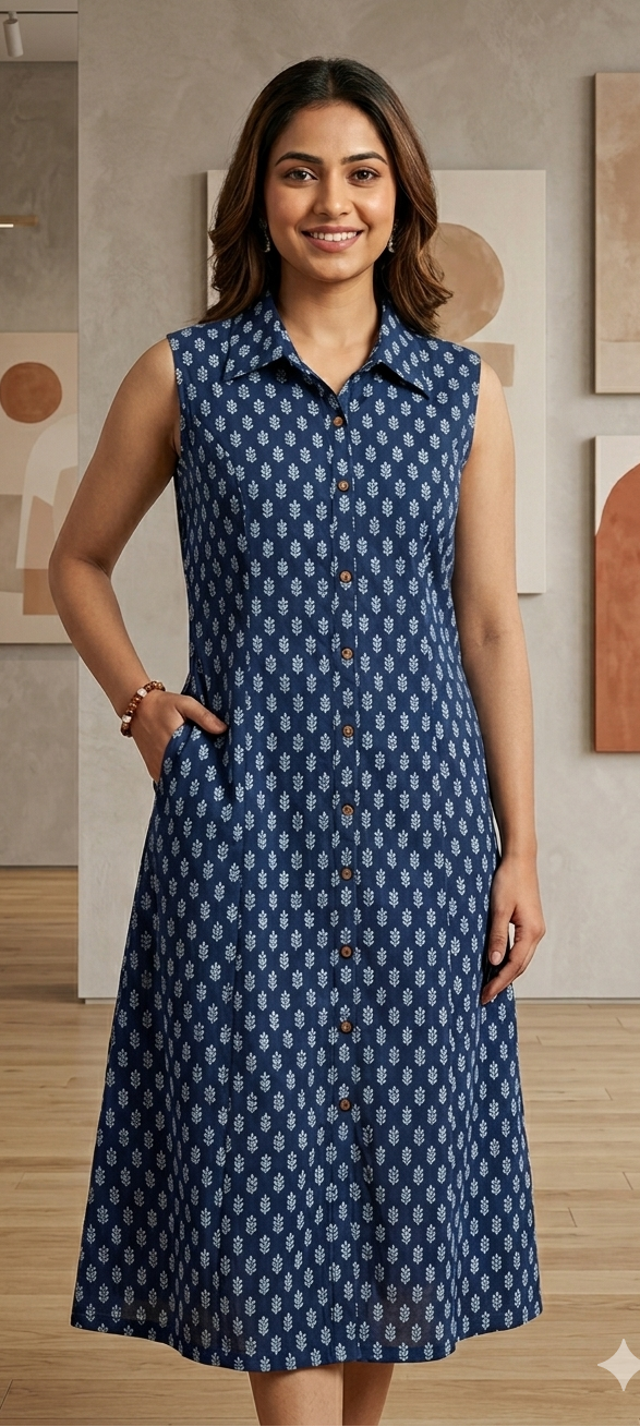 Blue colour pure cotton fabric middi drees (Z0905)