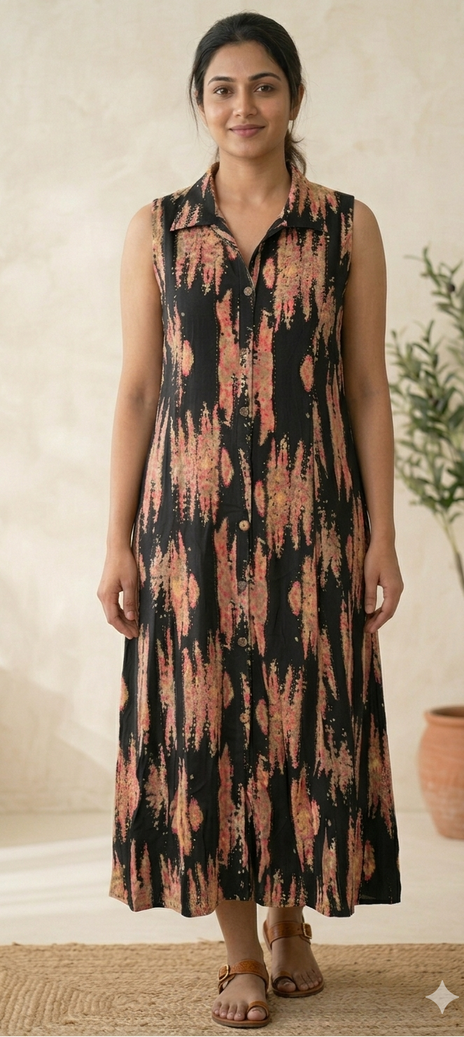 Black colour reyon cotton fabric middi drees (Z0901)