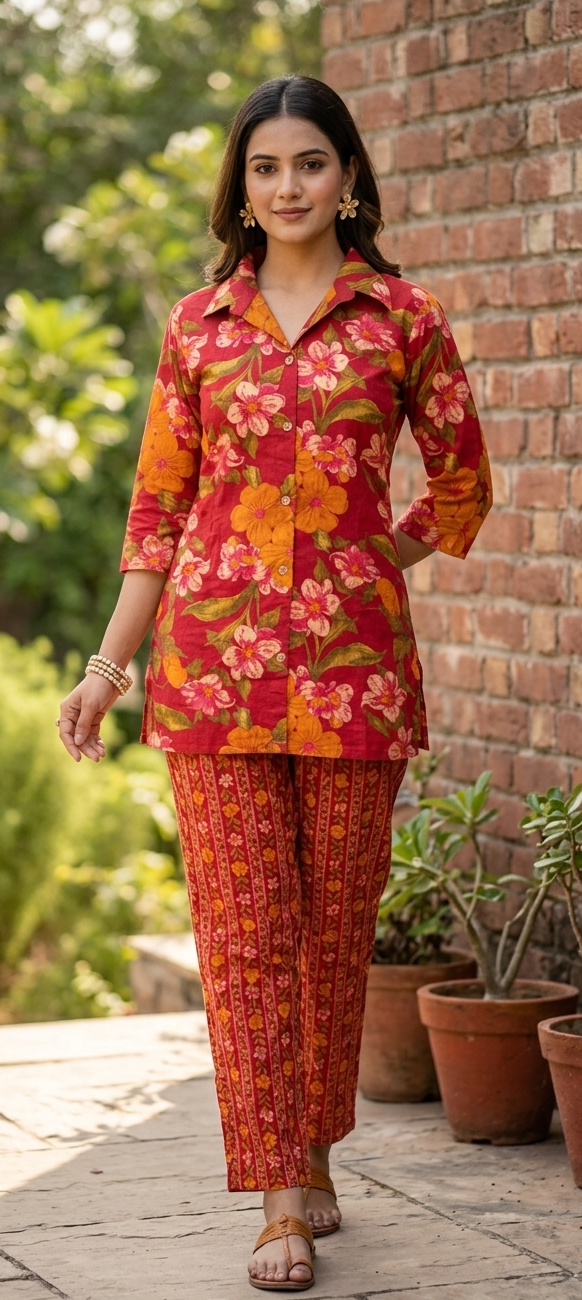 Orange colour pure cotton fabric co-ordset (Z0902)