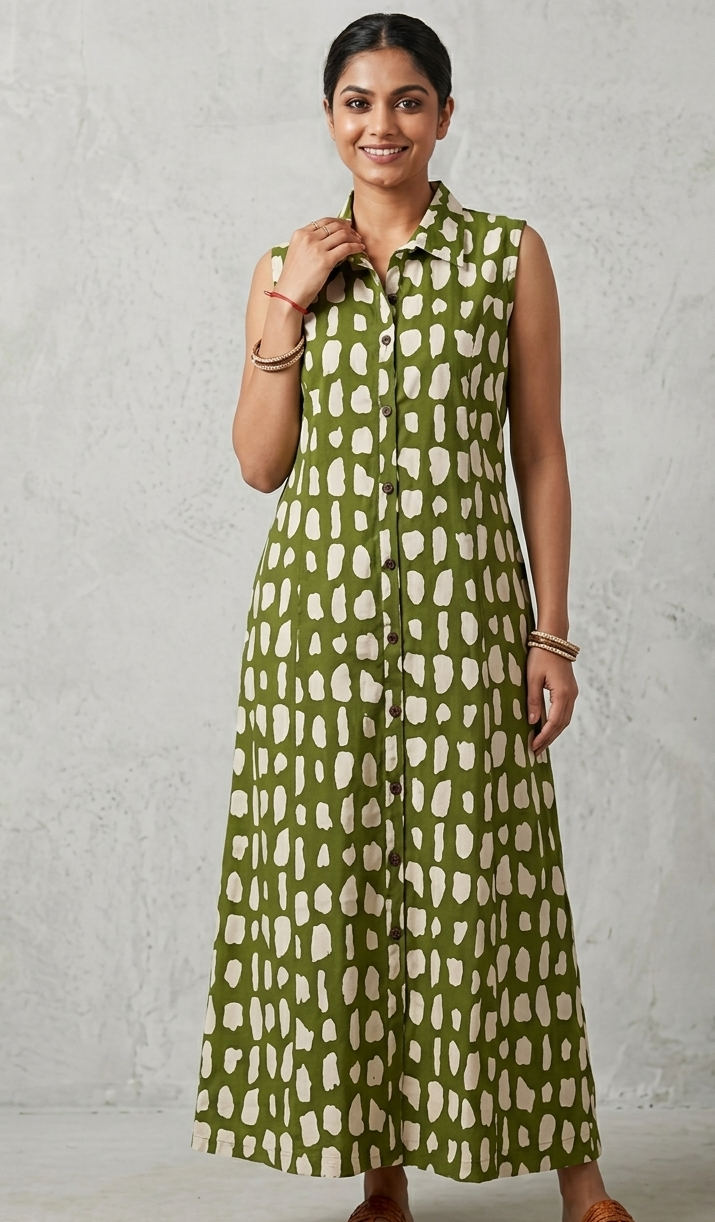 Green colour pure cotton fabric middi drees (Z0905)