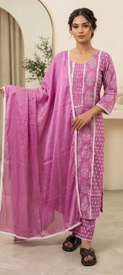 Levender colour cotton fabric 3 piece suit (Z0911)