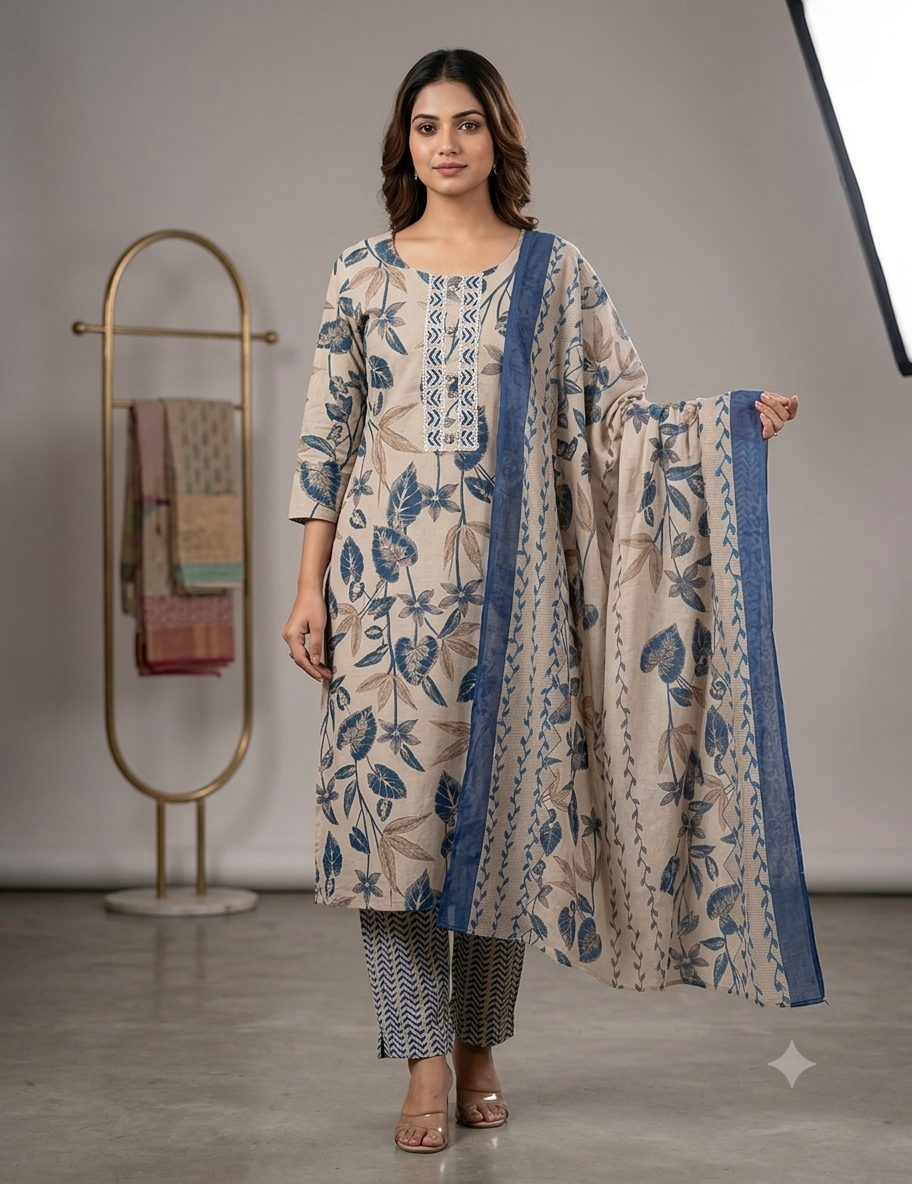 Blue colour cotton fabric 3 piece suit (Z0914)