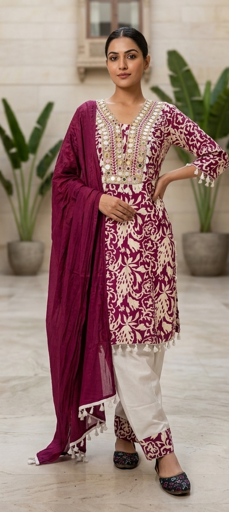 Wine colour reyon cotton fabric farshi 3 piece suit (Z0918)