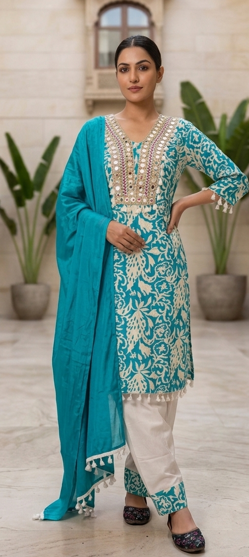 Firozi colour reyon cotton fabric farshi 3 piece suit (Z0919)