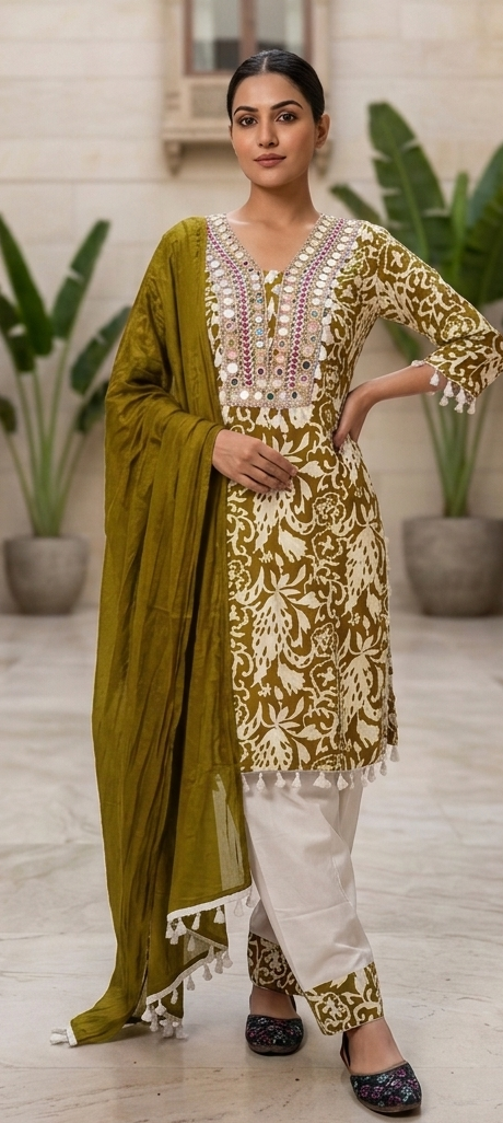 Green colour reyon cotton fabric farshi 3 piece suit(Z0920)