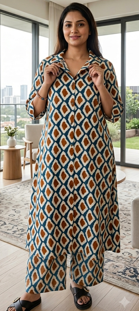 Ikat print reyon cotton fabric co-ordset (Z0925)