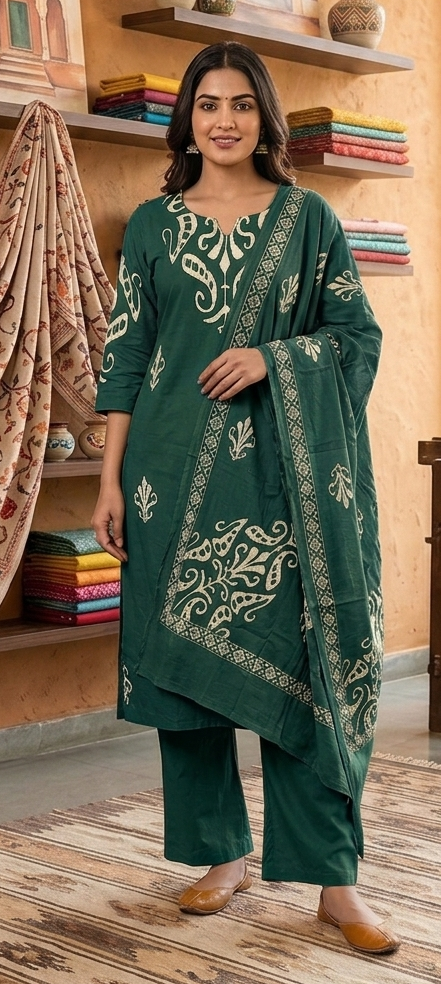 Dark green colour reyon cotton fabric 3 piece suit (Z0922)