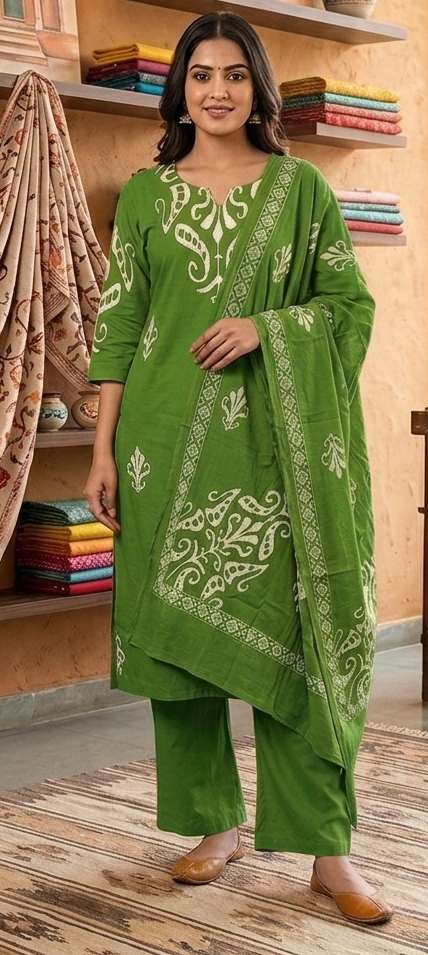 Green colour reyon cotton fabric 3 piece suit (Z0923)
