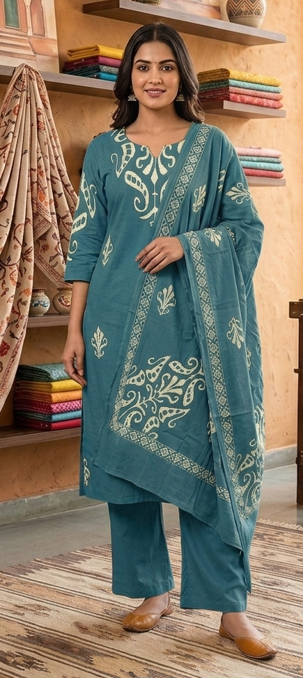 English green colour reyon cotton fabric 3 piece suit (Z0924)