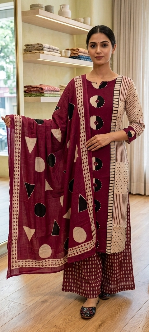 Wine colour reyon cotton fabric 3 piece suit (Z0929)