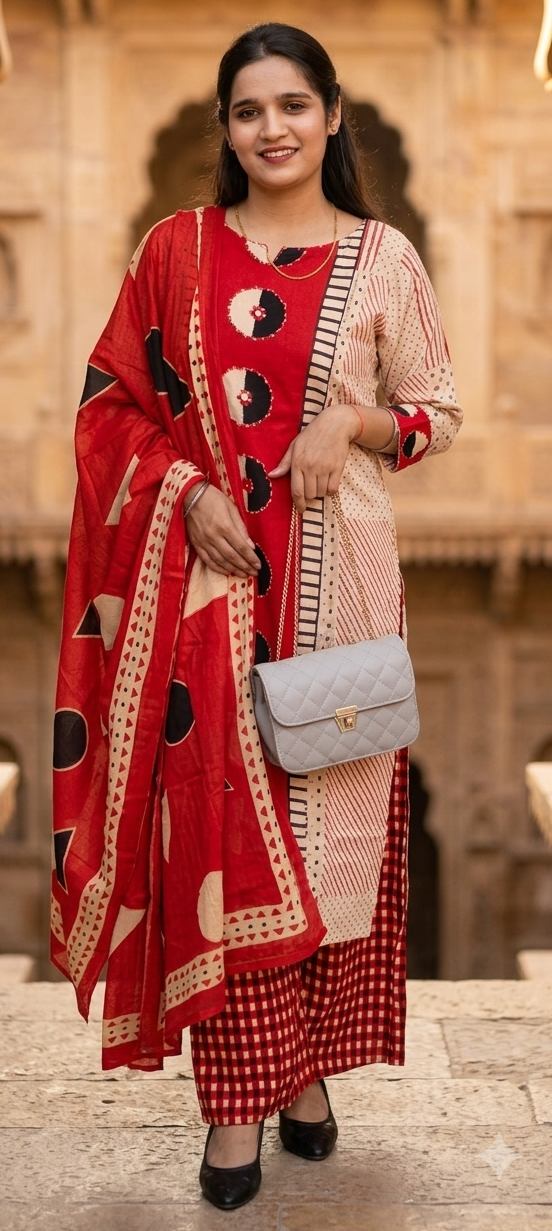 Red colour reyon cotton fabric 3 piece suit (Z0928)