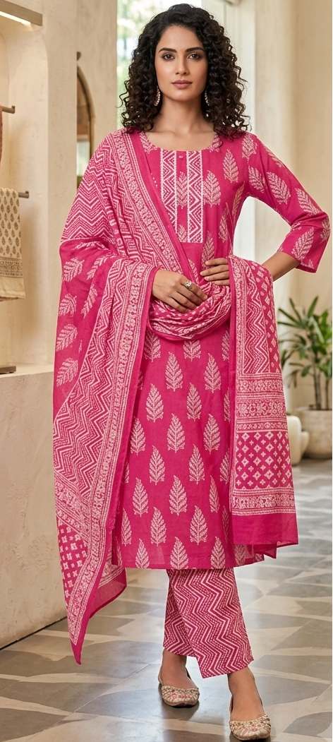 Pink colour cotton fabric 3 piece suit (Z0934)